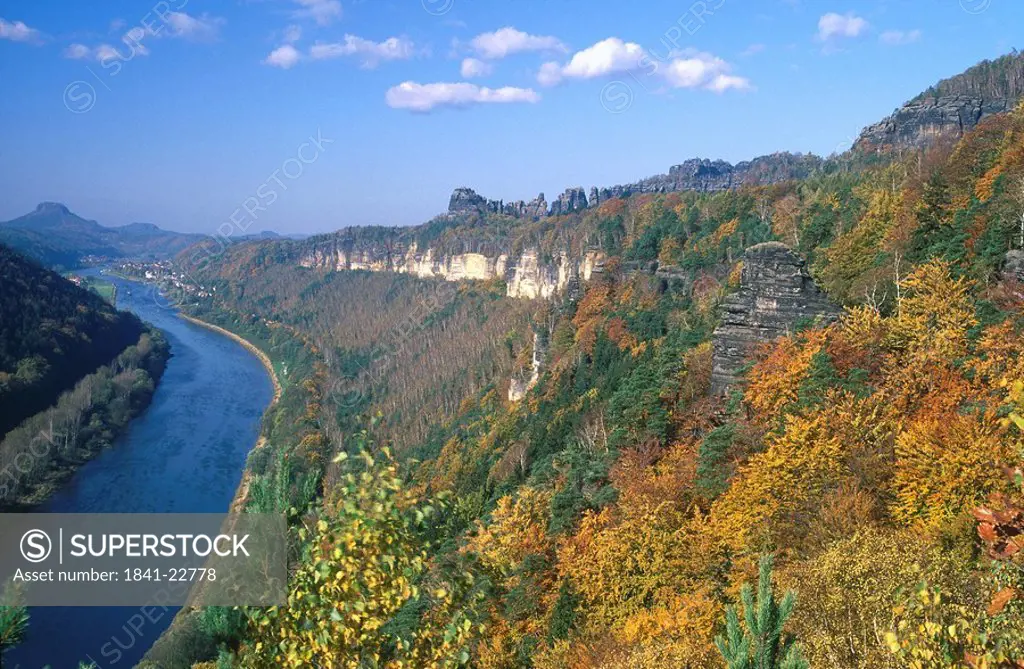 High angle view of river flowing through valley, Elbe River, Saxony, Germany