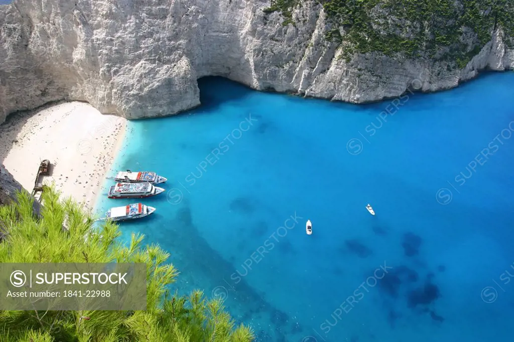 Boats on beach, Shipwreck Bay, Zakynthos, Ionian Islands, Greece
