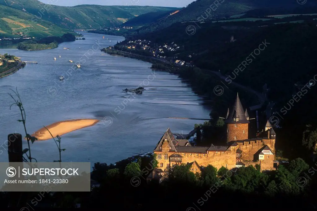 Aerial view of castle at riverside, Stahleck Castle, Bacharach, Rhine River, Rhineland_Palatinate, Germany