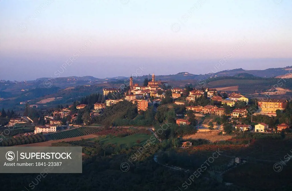 Aerial view of town, Rodello, Provinz Cuneo, Piedmont, Italy