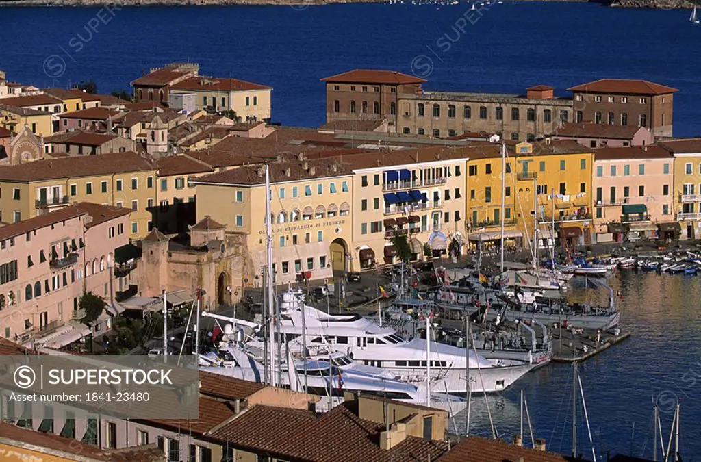 Aerial view of boats moored at harbor, Italy