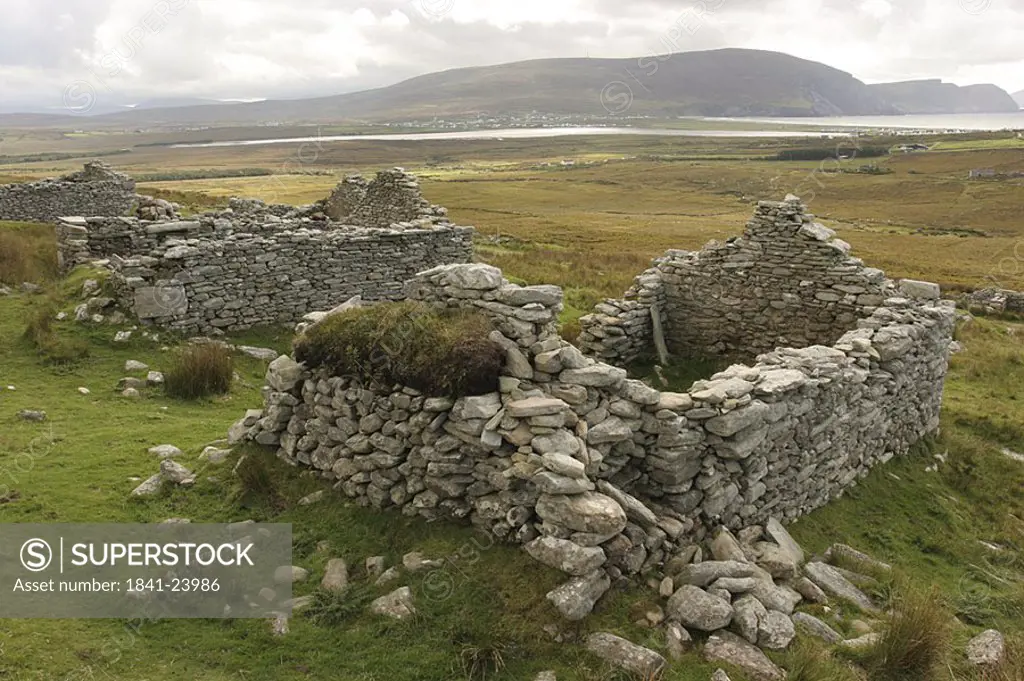 Ruins on rural landscape, Achill Island, County Mayo, Republic of Ireland