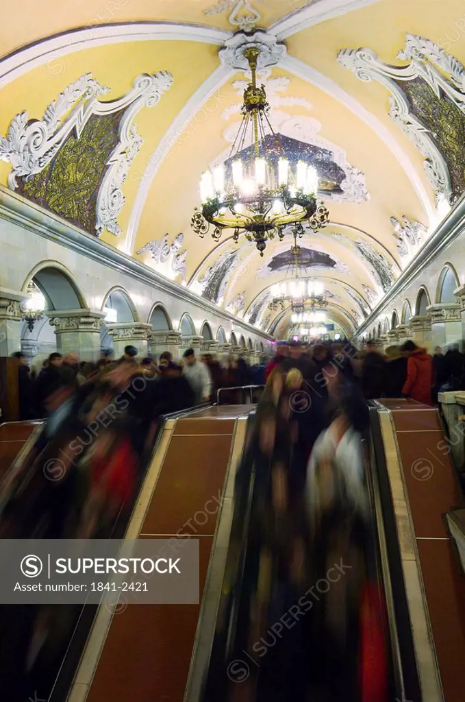 Blurred view of commuters in metro station, Komsomolskaya, Moscow, Russia