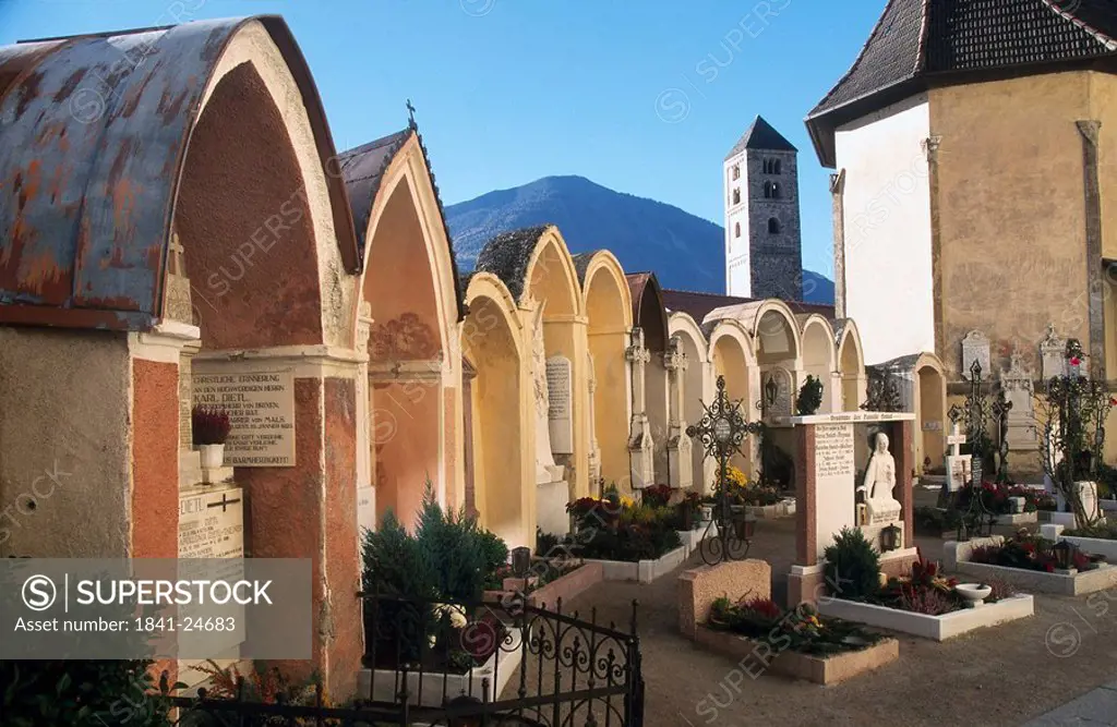 Cemetery in church, St Mary Church, Mals, Tyrol, Italy