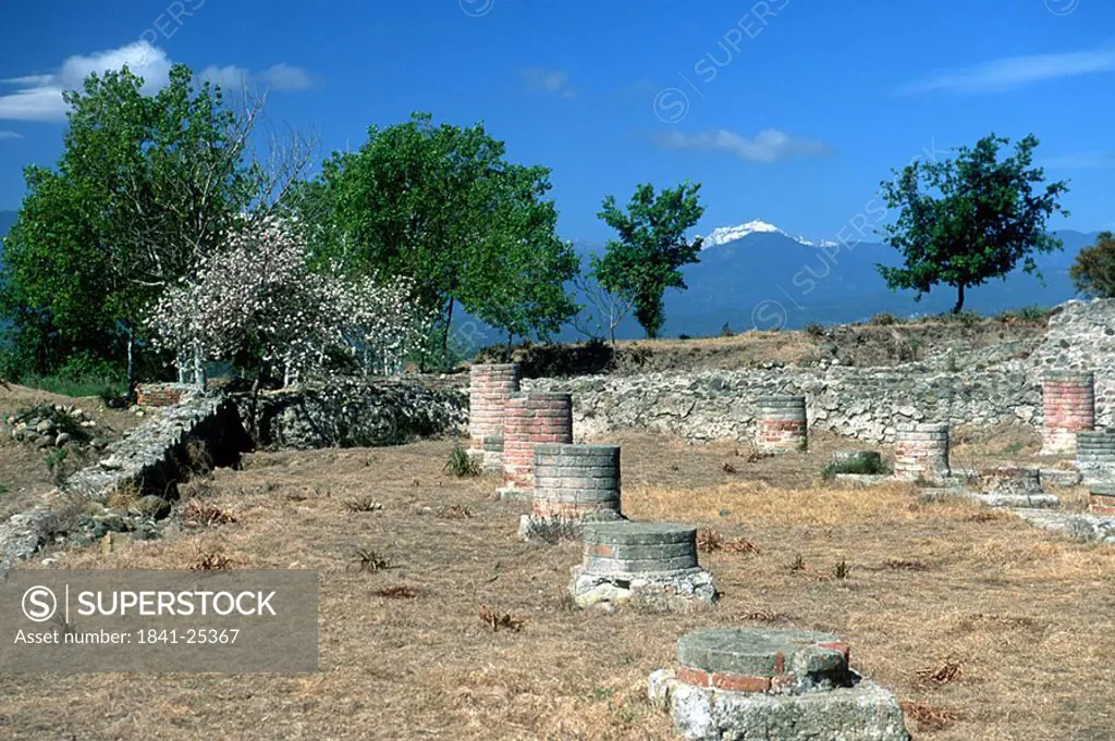 Old ruins of columns on landscape, Corsica, France