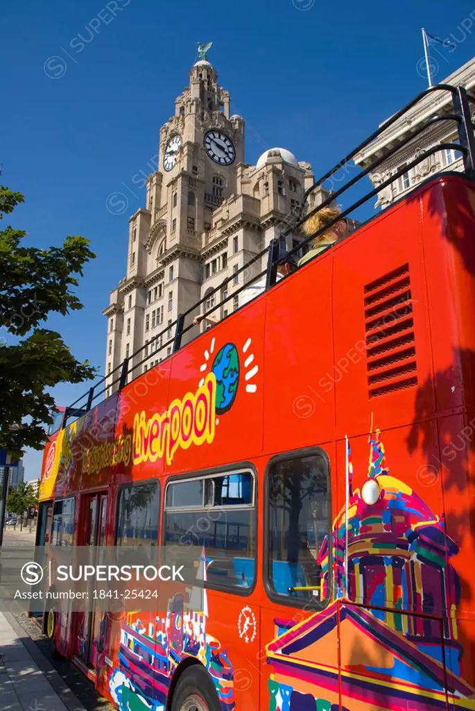 Bus in front of building, Royal Liver Building, Liverpool, Merseyside, North West England, England