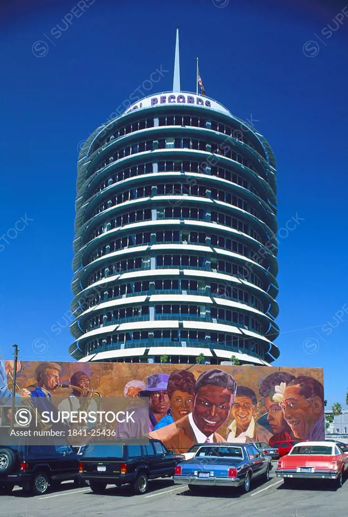 Cars parked in front of tower, Hollywood, Los Angeles, California, USA