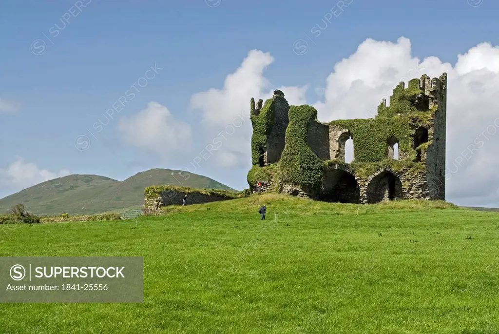 Old ruins of castle on hill, Ballycarbery Castle, Iveragh Peninsula, County Kerry, Munster, Ireland