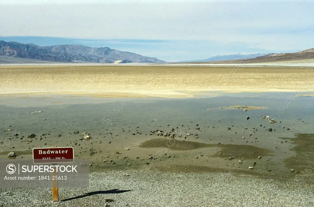 Bad water signboard in desert, Mojave Desert, California, USA