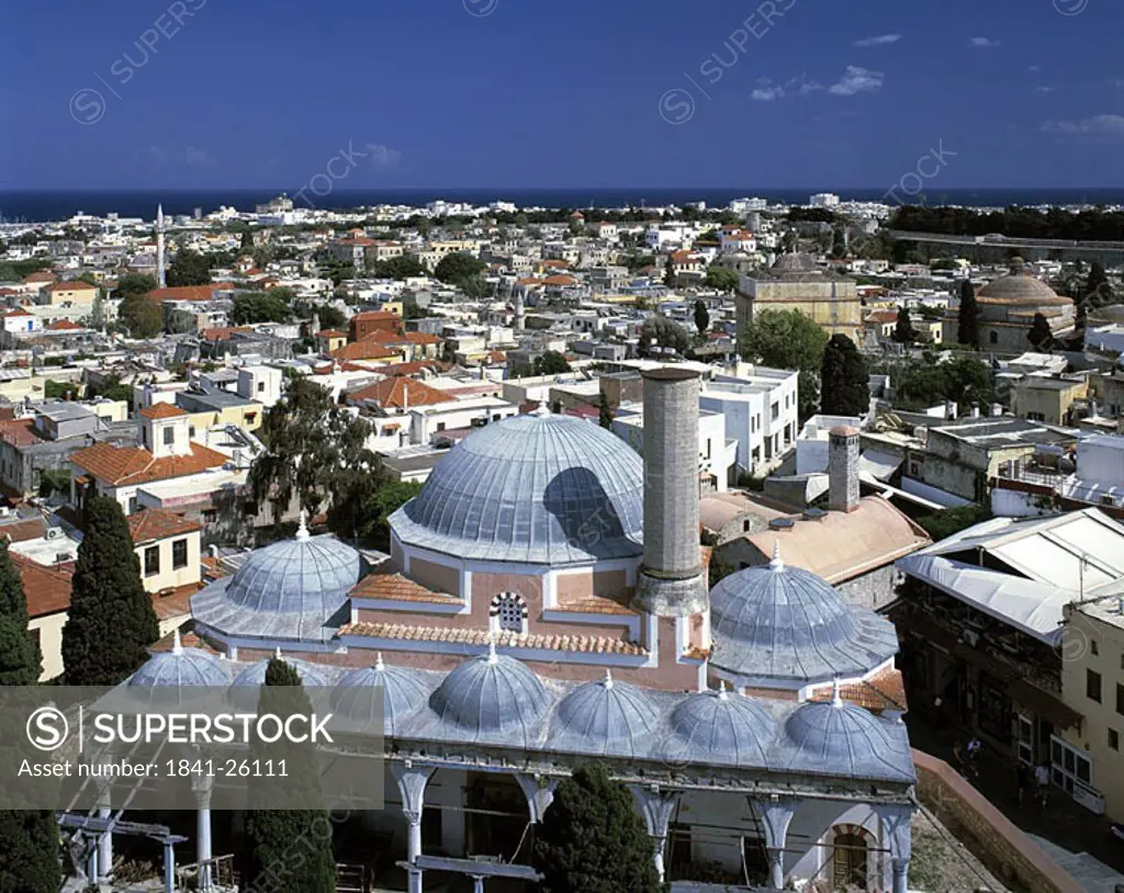 Aerial view of mosque in city, Rhodes, Greece