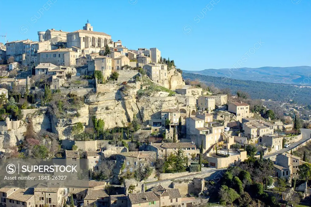High angle view of houses on hilltop, Luberon, Gordes, Vaucluse, Provence_Alpes_Cote d´Azur, France