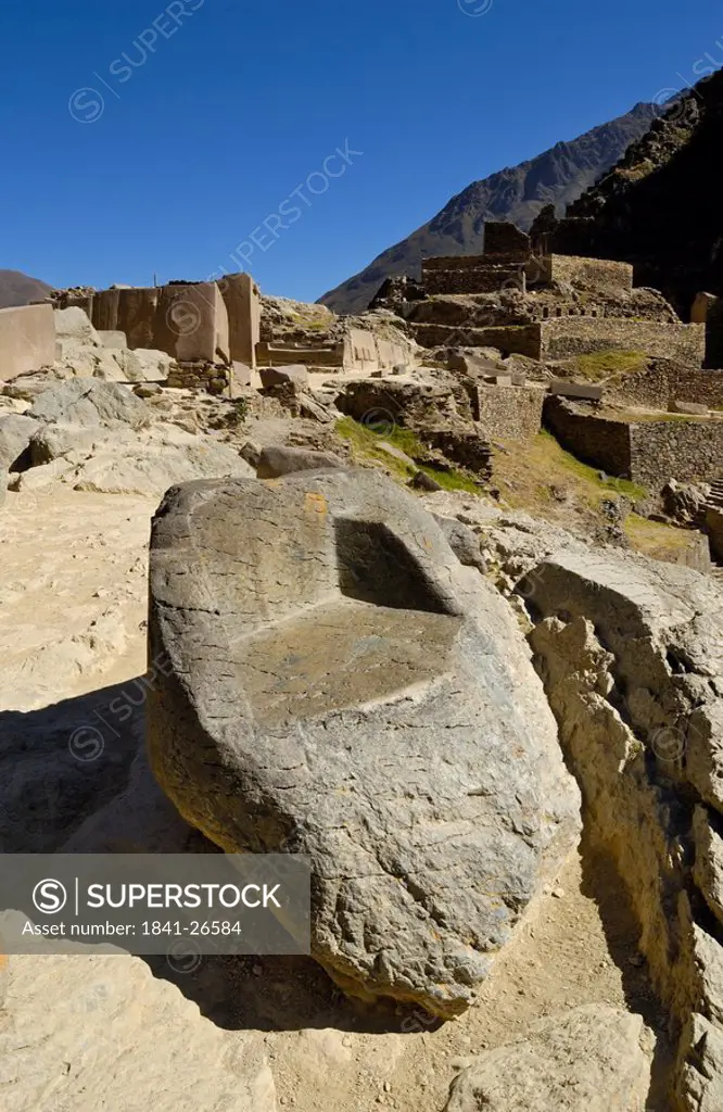 Old ruins in valley, Ollantaytambo, Urubamba Province, Cusco Region, Peru