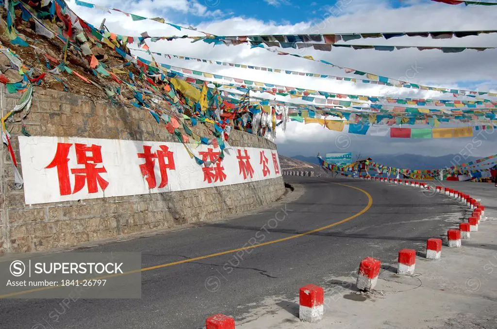 Prayer flags over road, Litang Pass, Tibet, China