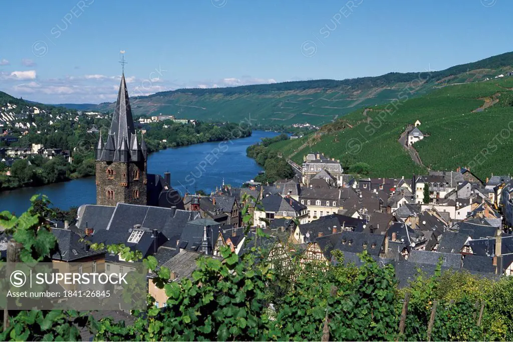 High angle view of cityscape, Bernkastel_Kues, Mosel Valley, Rhineland_Palatinate, Germany