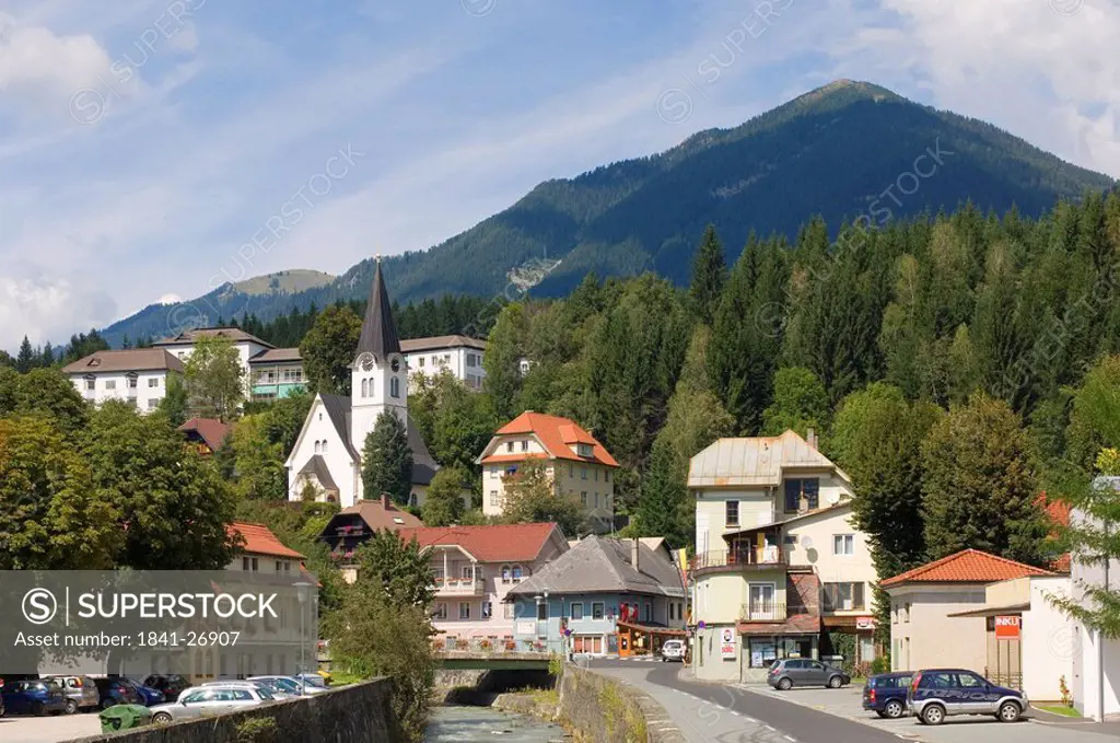 Houses and church in city, Gailtal, Hermagor, Carinthia, Austria
