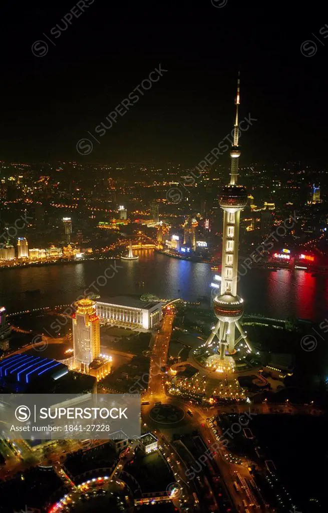 High angle view of city illuminated at night, Pudong, Shanghai, China, Asia