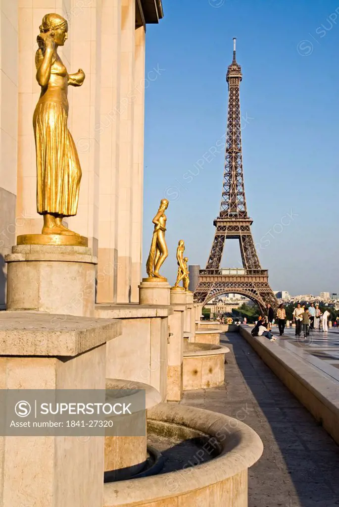 Sculptures in row in front of tower, Palais de Chaillot, Eiffel Tower, Paris, France