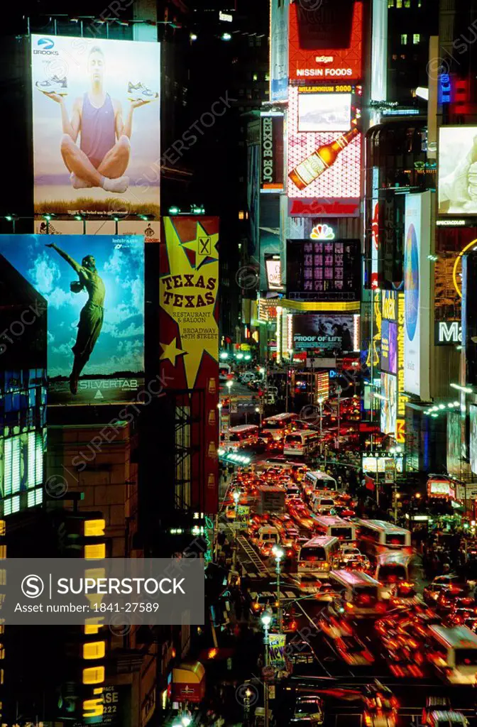 Traffic on road in city at night, Manhattan, New York City, New York State, USA
