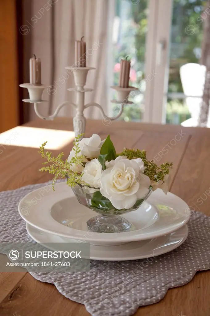 Table decoration with candleholder and white roses, Ramsen, Switzerland, close_up