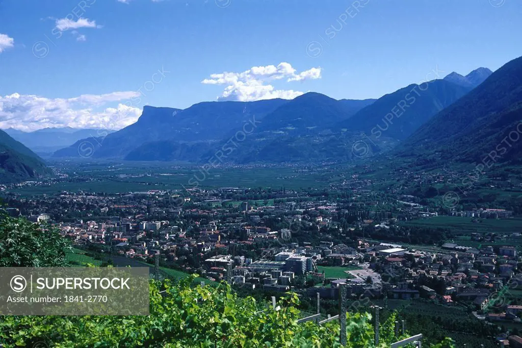 High angle view of town, Merano, South Tyrol, Italy