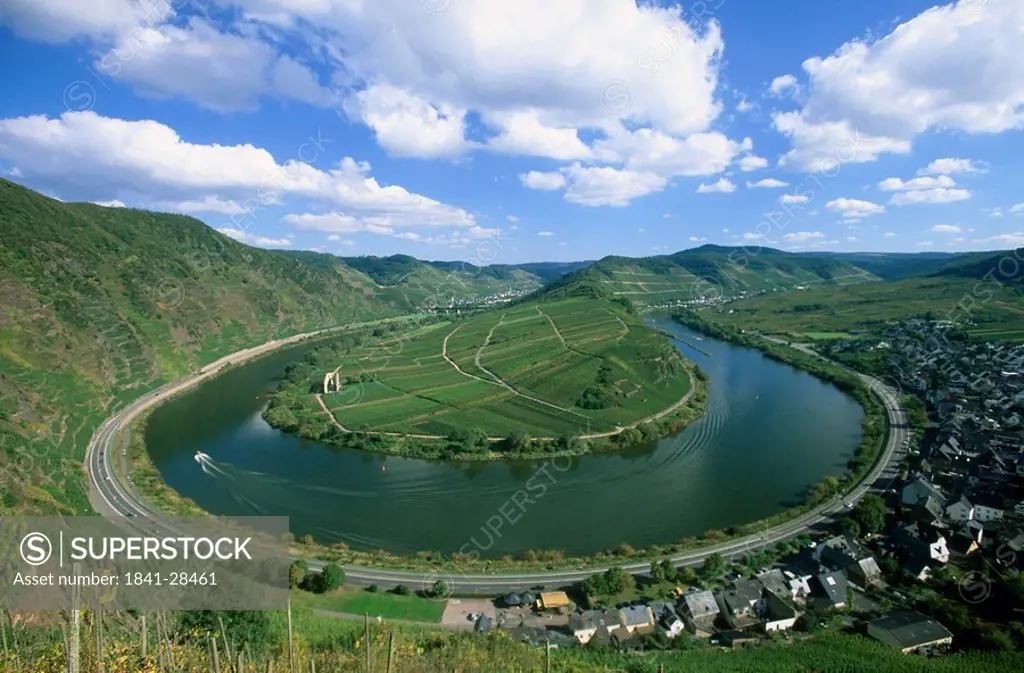 Aerial view of river flowing through landscape, Moselle River, Bremm, Rhineland_Palatinate, Germany
