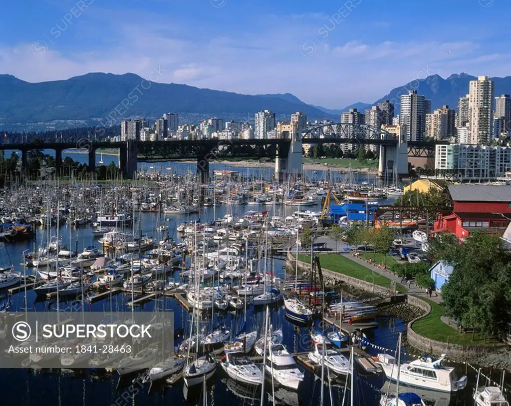 High angle view of boats in harbor, Granville Island, Vancouver, British Columbia, Canada