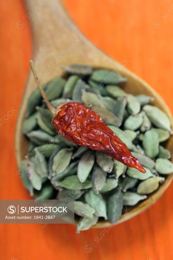 Close_up of cardamom and chilli pepper on wooden spoon