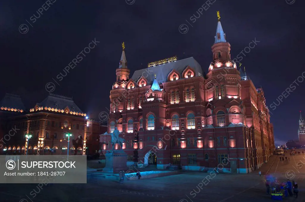 Museum lit up at night, National State Historical Museum, Moscow, Russia