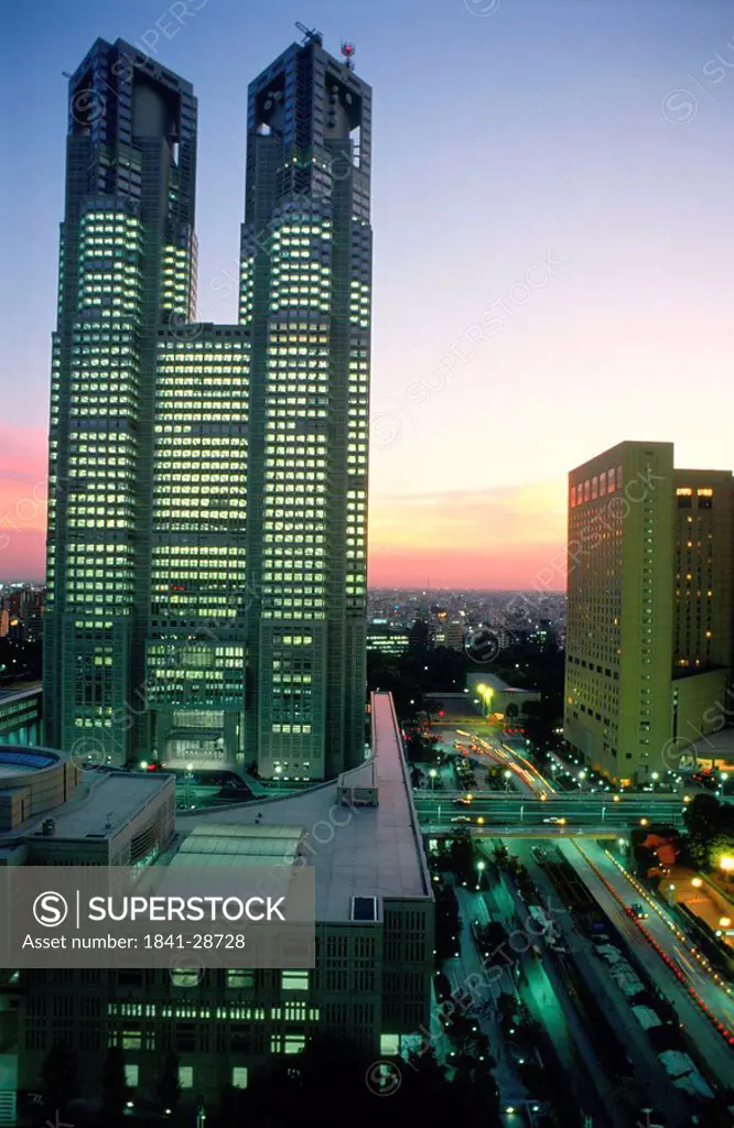Aerial view of buildings in city, Tokyo Prefecture, Japan