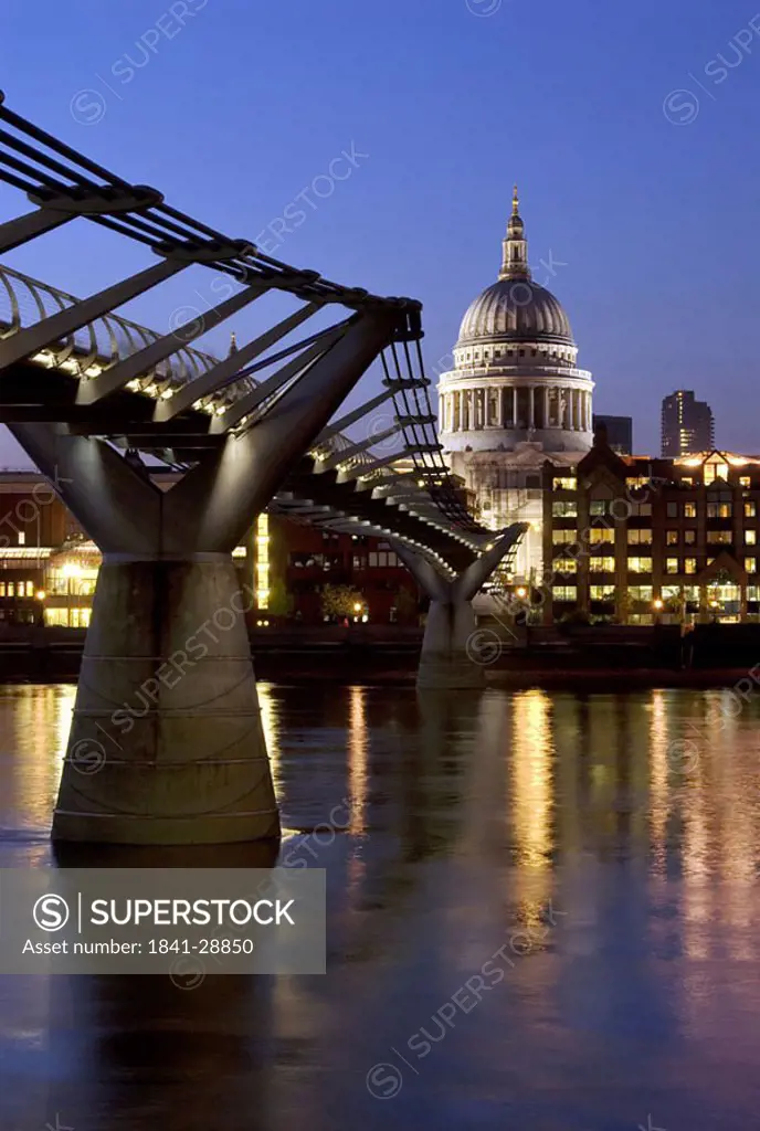 Footbridge leading to cathedral at night, Millennium Bridge, St. Pauls Cathedral, Thames River, London, England