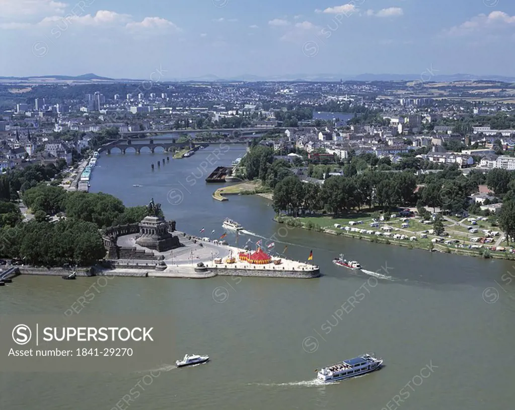 Aerial view of boats in river, Mosel River, Koblenz, Rhineland_Palatinate, Germany