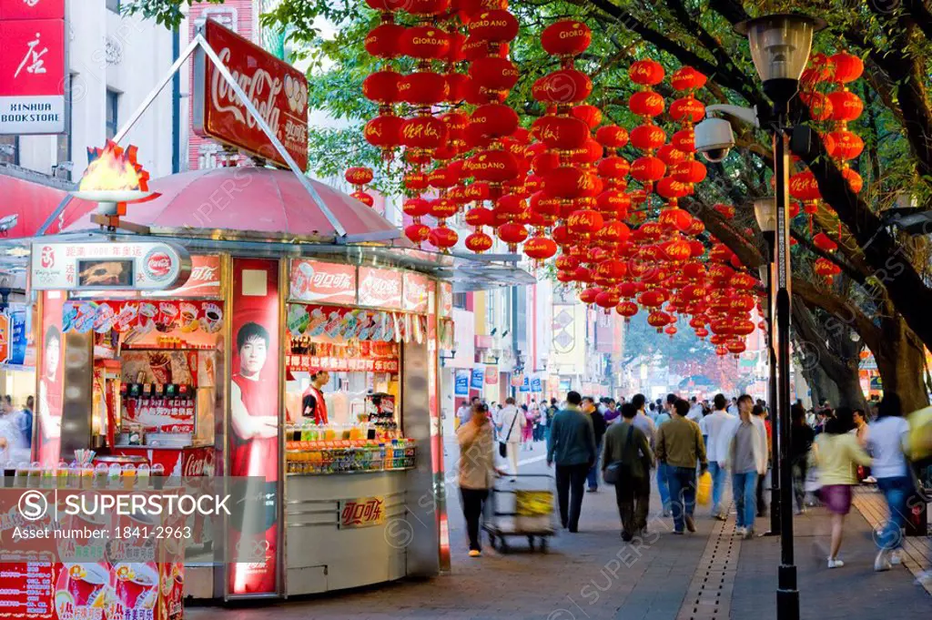 Chinese lanterns hanging on tree in street, Guangzhou, Guangdong Province, China