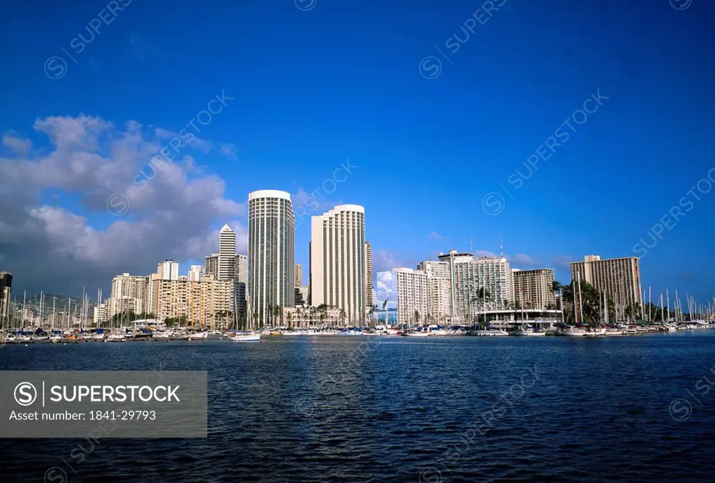 Buildings at waterfront, Waikiki Beach, Honolulu, Oahu, Hawaii, Usa