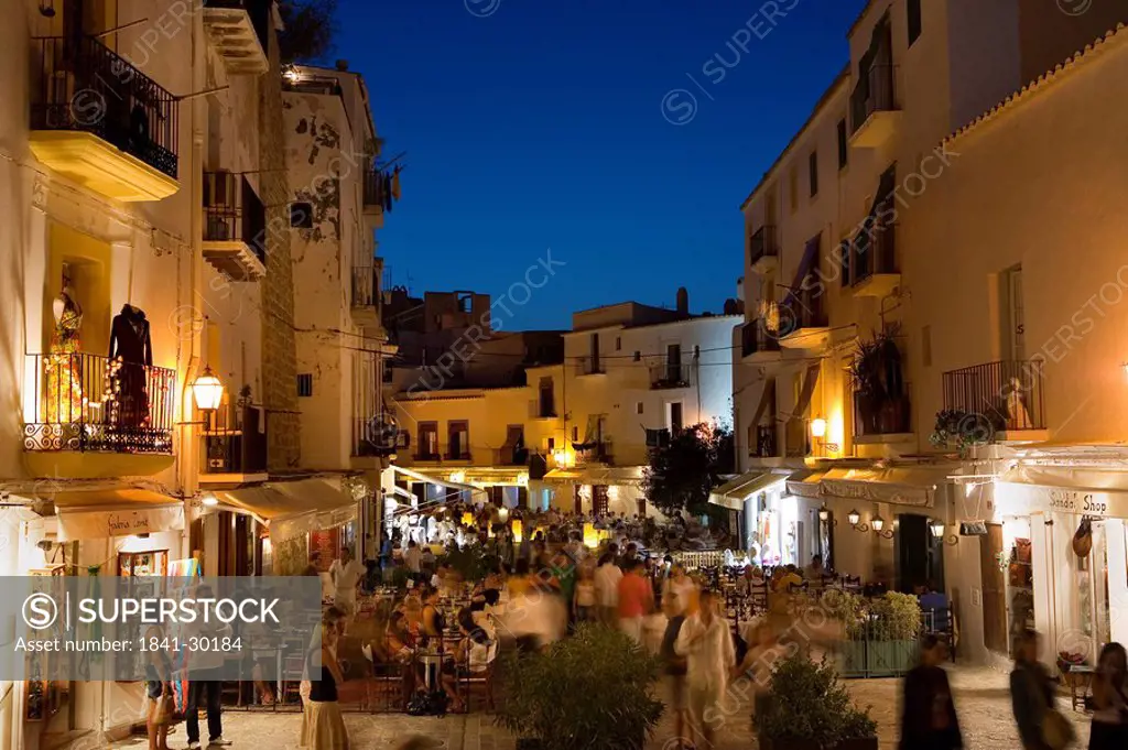 Shops and restaurants in the old town of Ibiza City, Ibiza, Spain