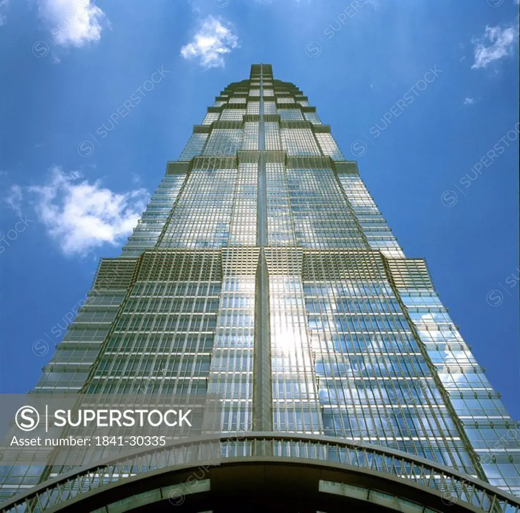 Low angle view of skyscraper, Pudong, Shanghai, China, Asia
