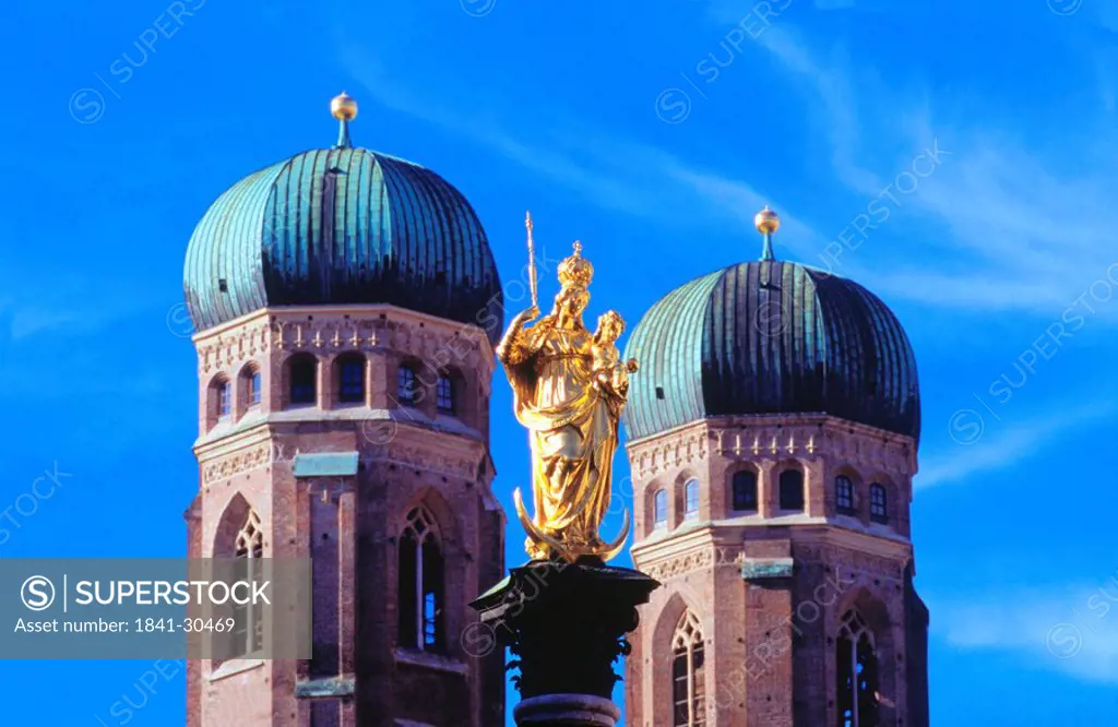 Low angle view of twin onion domes of church, Munich Cathedral, Munich, Bavaria, Germany, Europe