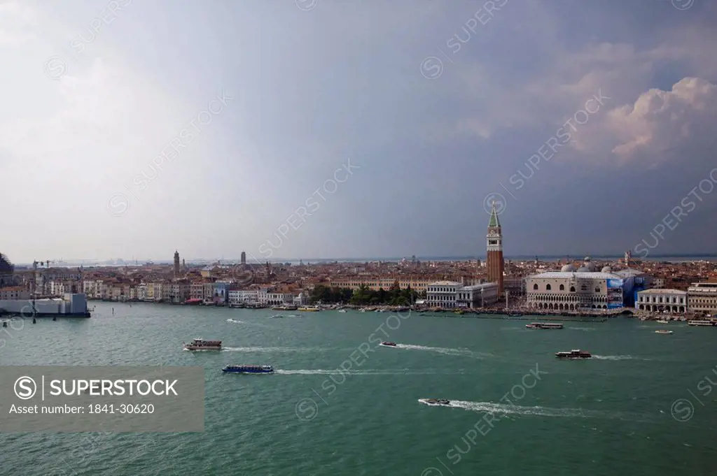 Aerial view of boats in river, Doges Palace, St. Mark´s Square, Veneto, Venice, Italy