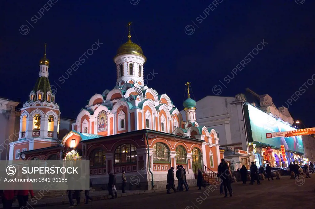 Church on town square at night, Kazan Cathedral, Red Square, Moscow, Russia