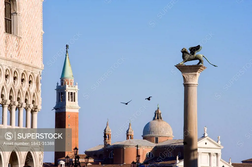 Doges Palace, St Mark´s Campanile and San Marco Column, Venice, Italy, low angle view