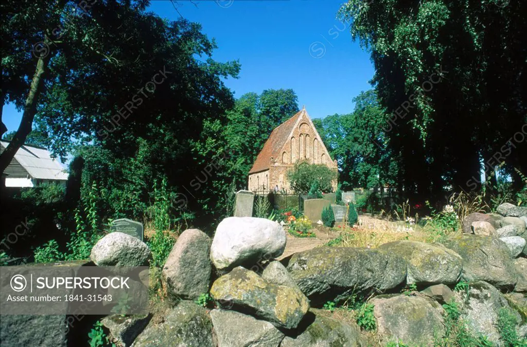Church surrounded by trees, Garz Island, Usedom, Mecklenburg_Vorpommern, Germany