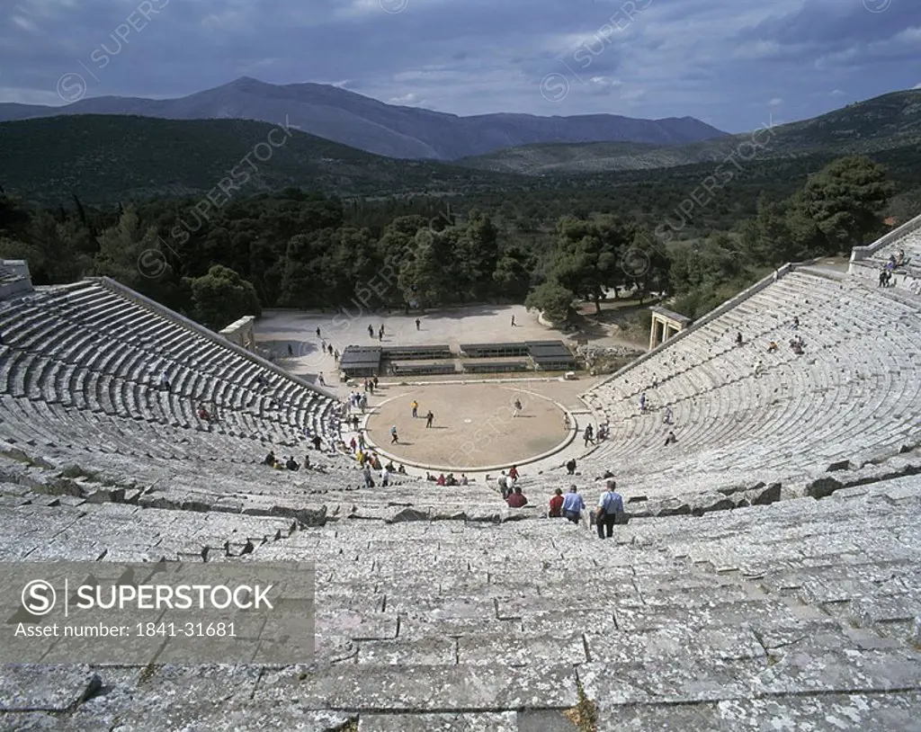 High angle view of tourists in amphitheater, Peloponnese, Greece