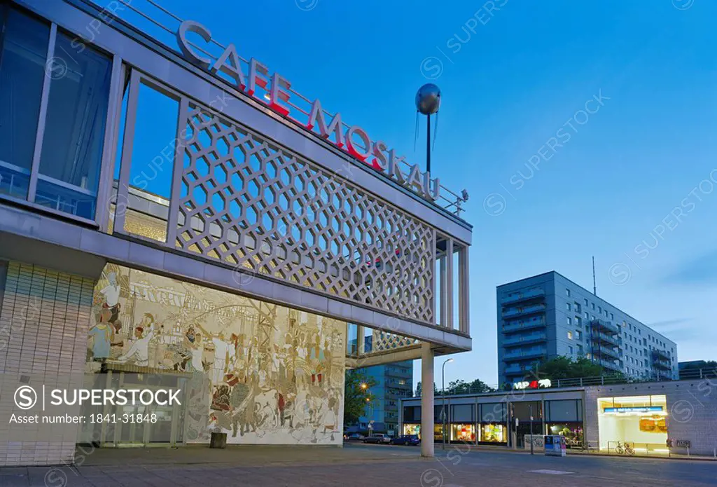 Facade of coffee house, Cafe Moskau, Karl_Marx_Allee, Berlin, Germany
