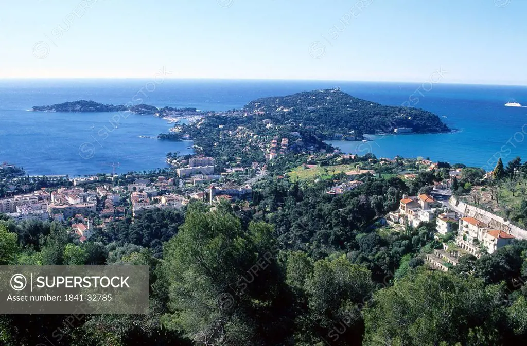 High angle view of town at the coast, Cap Ferrat, Cote d Azur, France