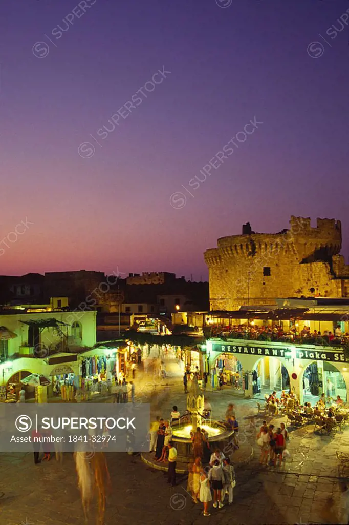 Aerial view of tourists at town square, Ippokratous Square, Dodecanese Islands, Greece