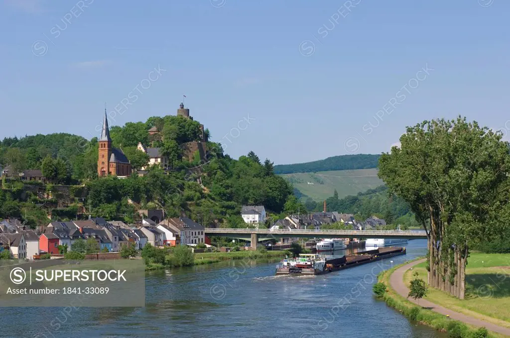 Barge in river, Saarburg, Rhineland_Palatinate, Germany