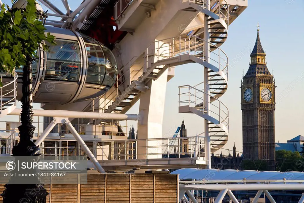 Ferris wheel with clock tower in background, Millennium Wheel, Big Ben, City of Westminster, London, England