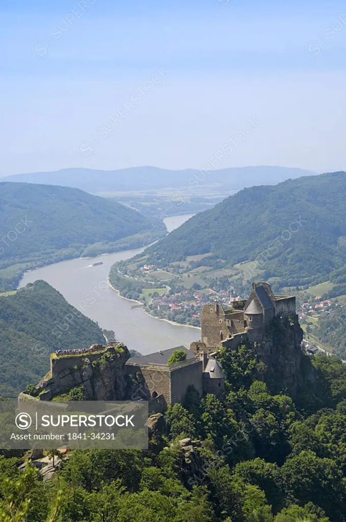 Old ruin of castle at hilltop, Schloss Aggstein, Danube River, Wachau, Lower Austria, Austria