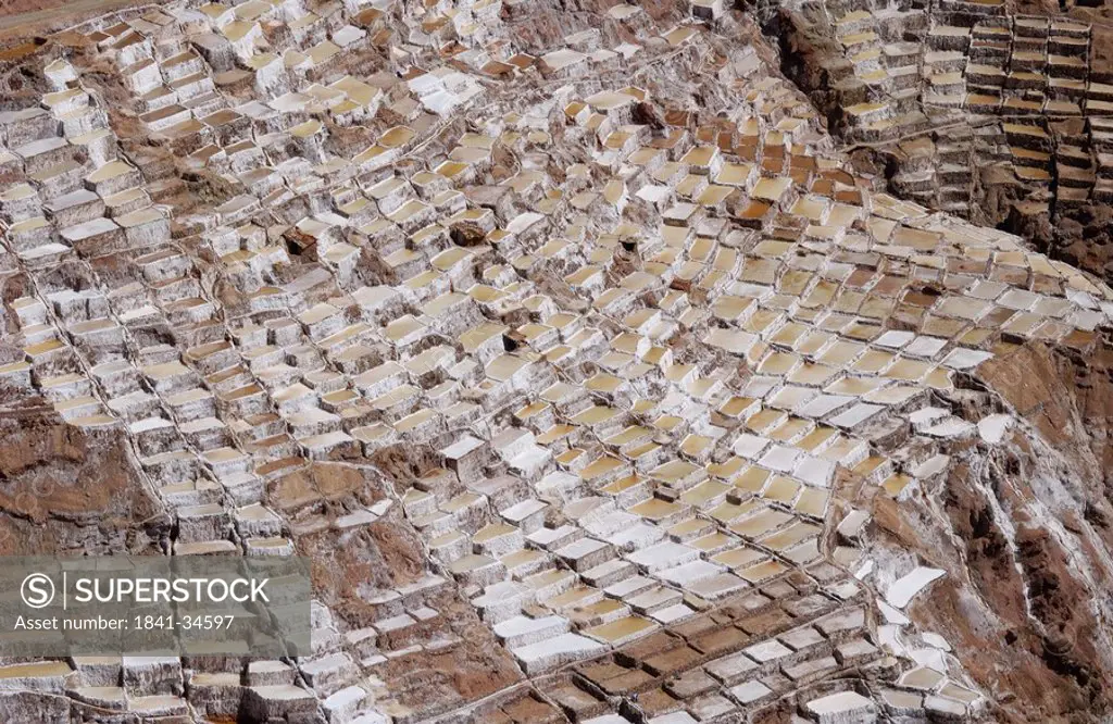 Aerial view of salt mine, Urubamba Valley, Peru