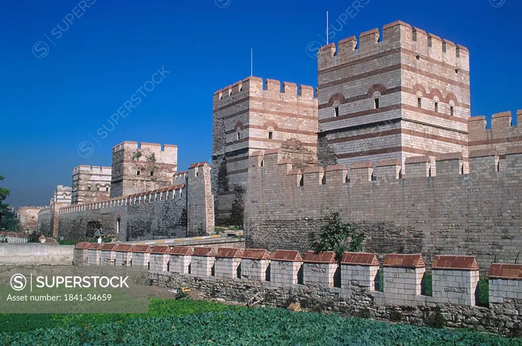 Ancient walls against blue sky, Walls of Constantinople, Istanbul, Turkey