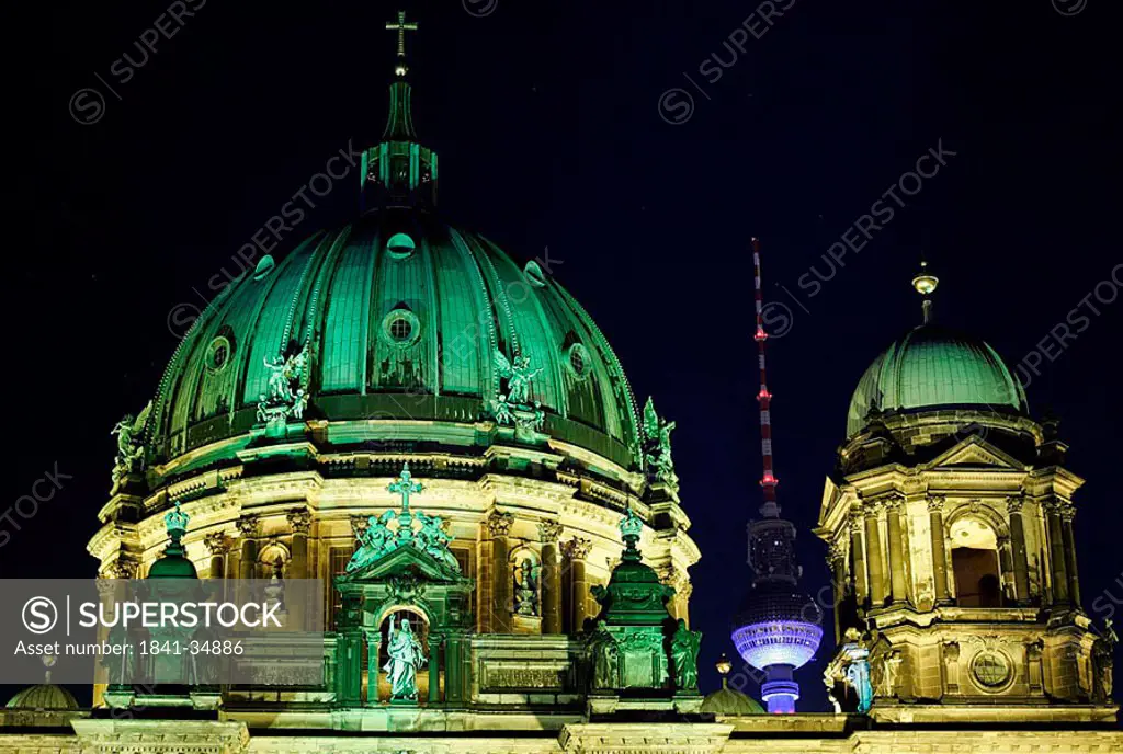 Cathedral with communications tower at night, Berlin Cathedral, Berlin, Germany